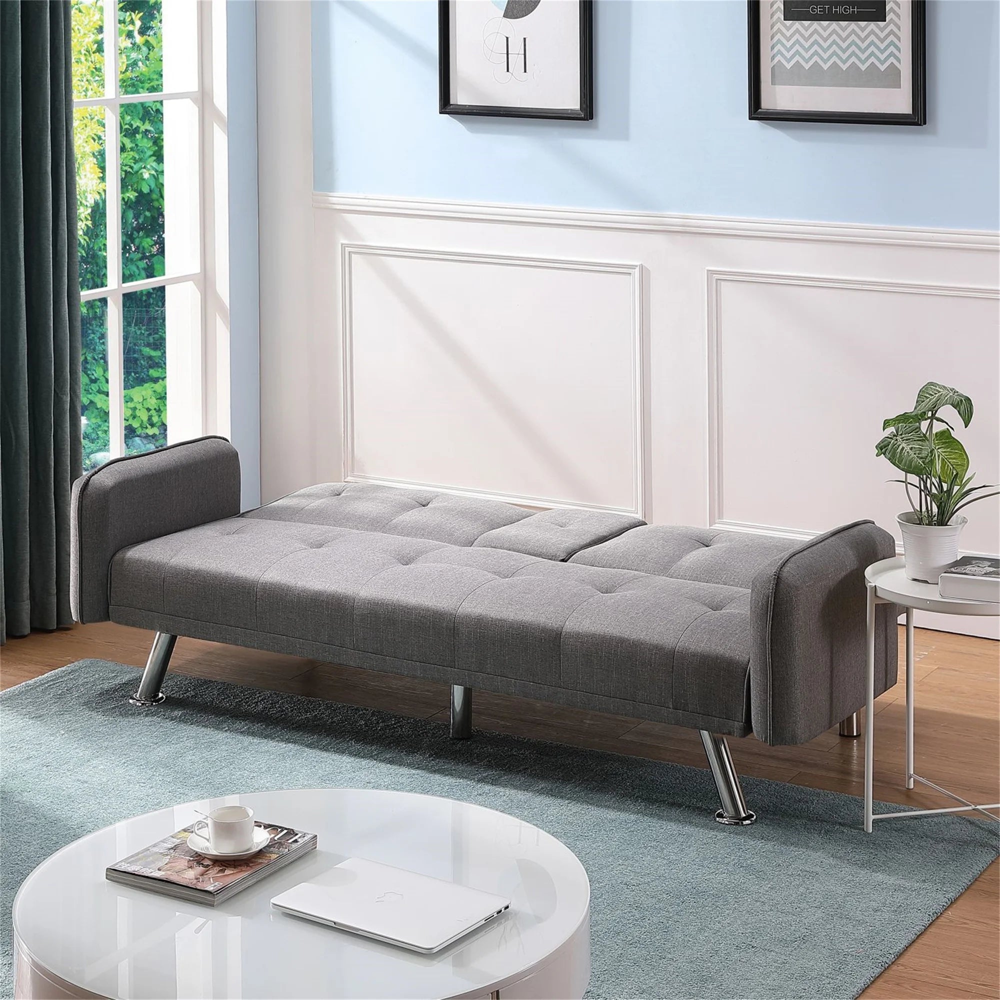 Aukfa 75" Square Arm Futon Convertible Sofa Bed for Home Office, 2 Cup Holders, Linen, Dark Gray