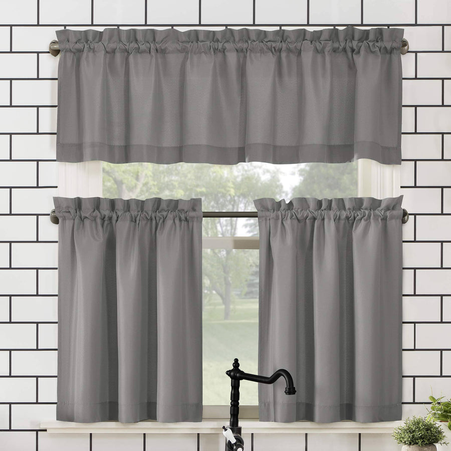 No. 918 Martine Microfiber Semi-Sheer Rod Pocket Kitchen Curtain Valance and Tiers Set - Gray - 54" x 45"