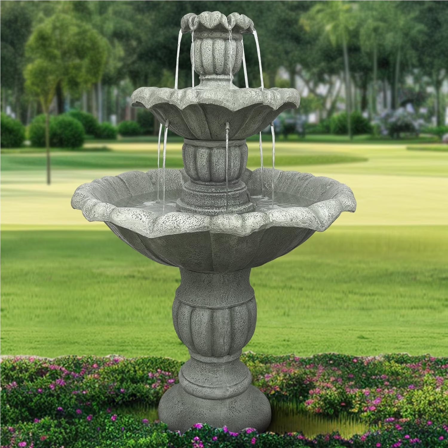 48�?h Outdoor Floor Water Fountain, 3 - Tiers Concrete Water Fountain with Submersible Electric Pump - Garden Cascading Waterfall for Yard Patio Lawn Home Decor