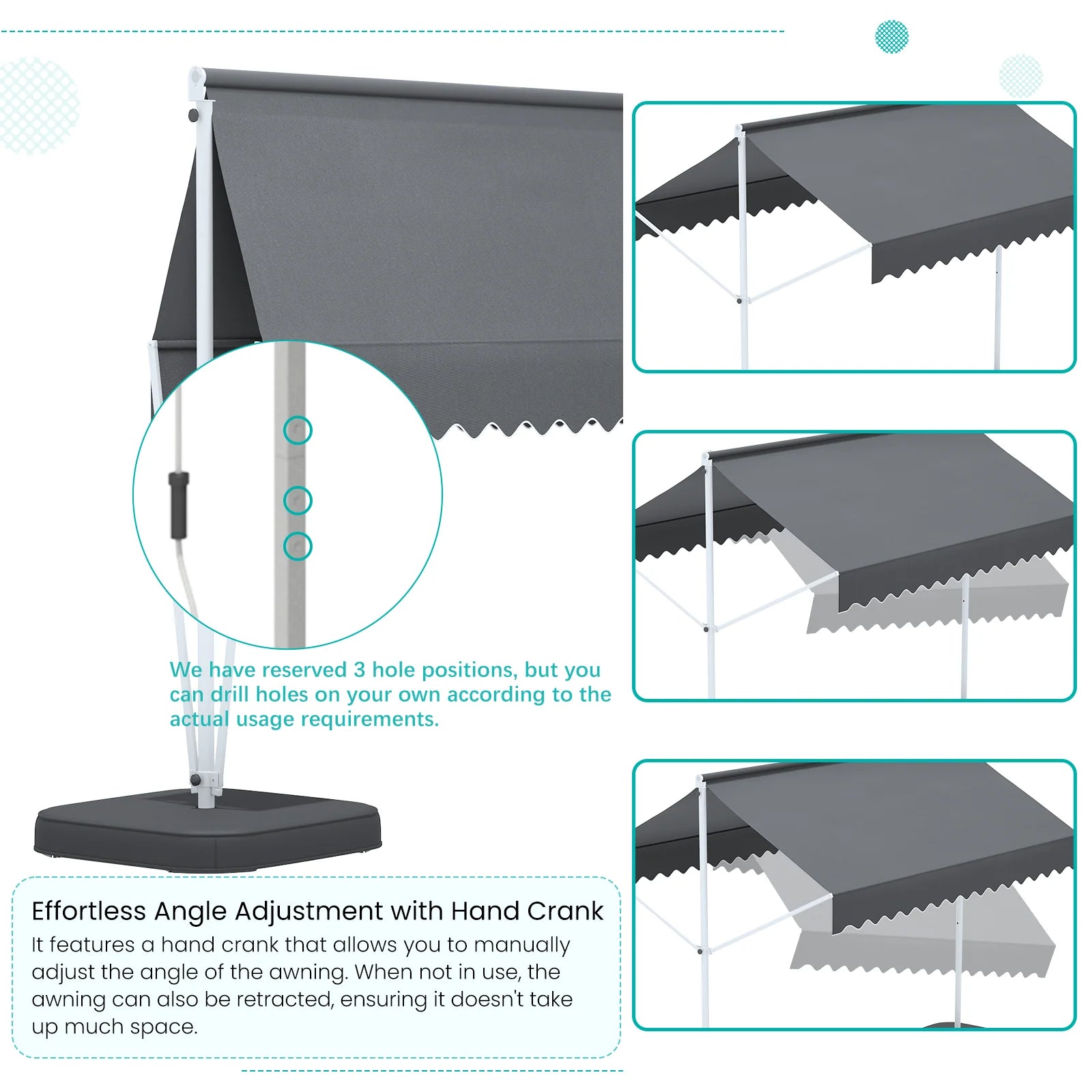 AECOJOY Free Standing Retractable Awning, 13'x10' Dual Side Patio Awnings Outdoor Manual Sun Shade Shelter, Dark Grey