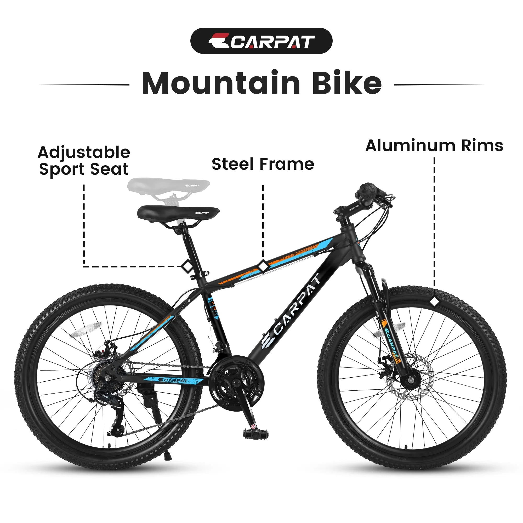 26 in Mountain Bike for Men, Adult Mountain Bike with Shimano 21 Speed & Disc Brakes, Black Orange