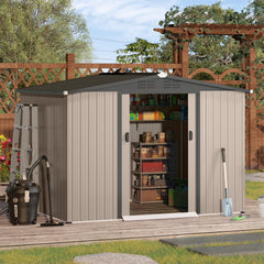 U - MAX 8 x 6 Ft. Wood Grain Outdoor Metal Storage Shed with Lockable Door Patio Garden Storage Building for Outside
