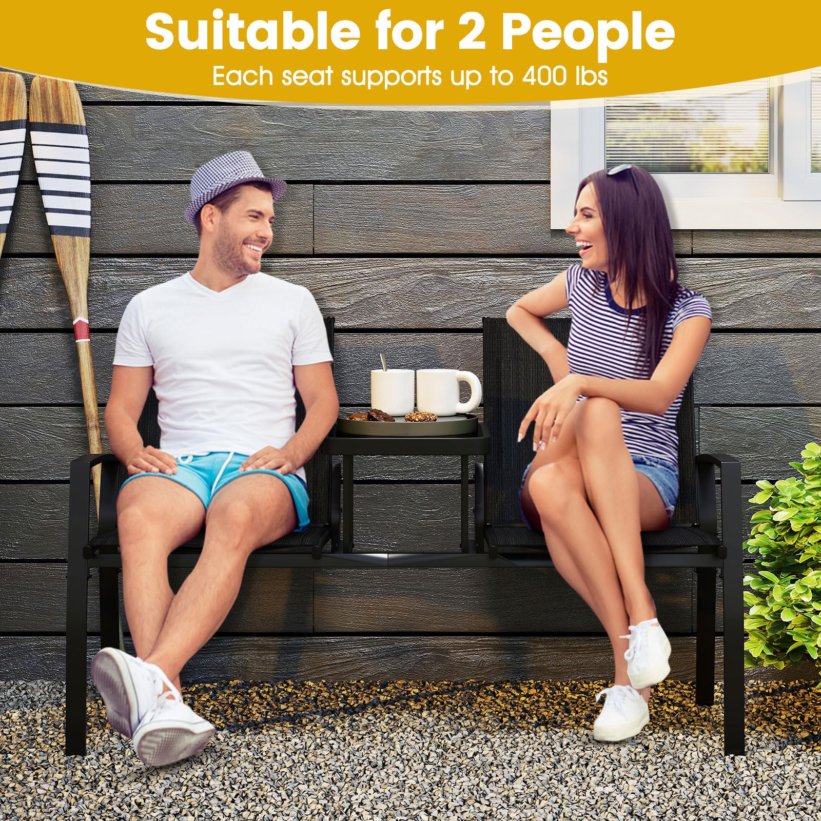 Tangkula Patio Loveseat with Built-in Table with Breathable Fabric Back