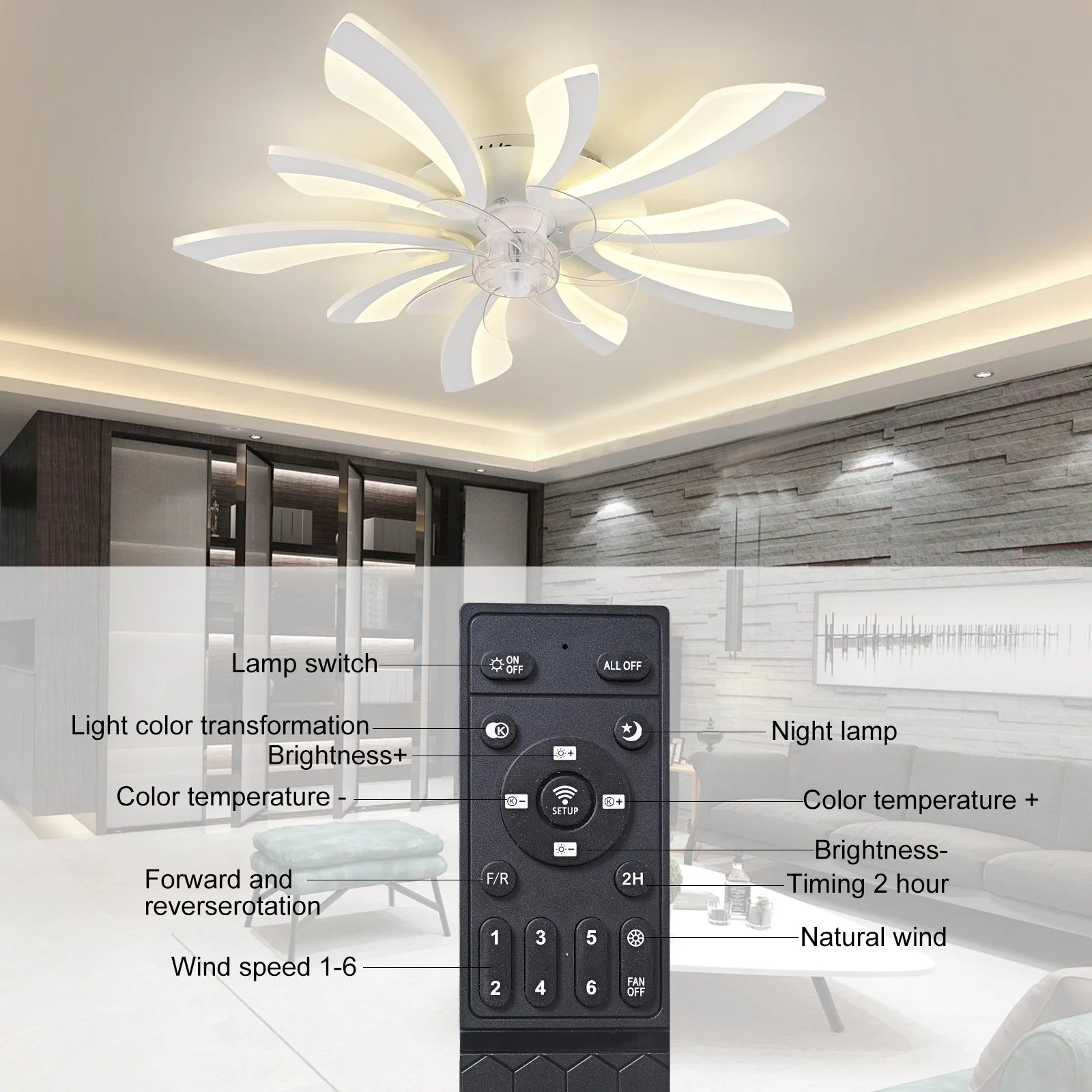 Garwarm Dimmable Ceiling Fan with Light and Remote Control, 27" Small Flush Mounted Ceiling Fan with LED Lights, APP and Remote Controlled, Modern, White