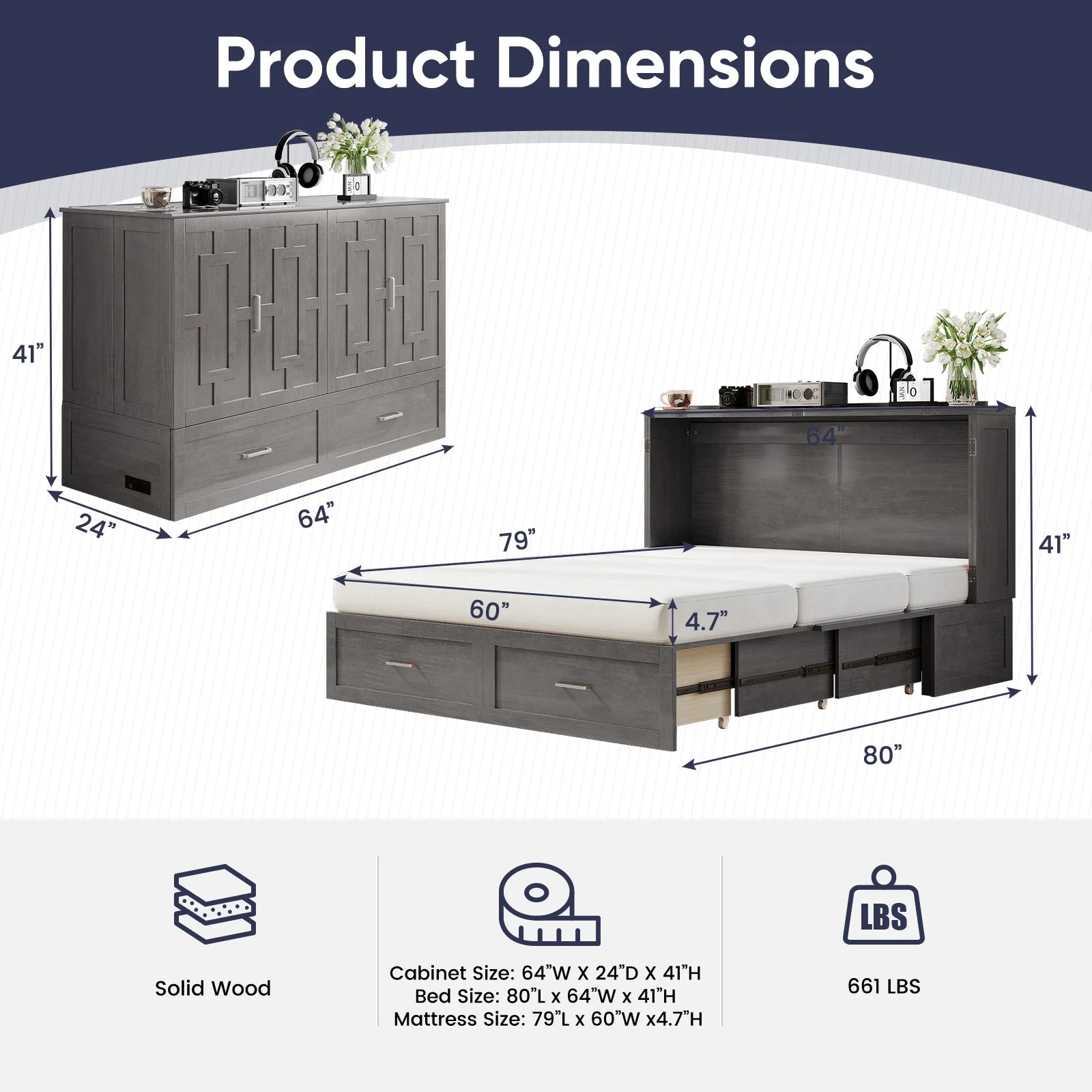 ZAFLY Murphy Bed with Trifold Foam Mattress, Cabinet Bed Has USB Charging Station, Convertible Bed with Storage Platform, Cabinet Chest Bed with Large Drawers for Living Room/Bedroom (Grey)