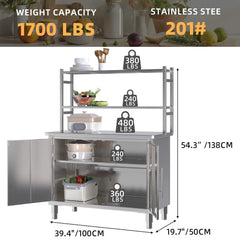 AECOJOY Stainless Steel Table with Cabinet 40"x20" Prep Table for Commercial Kitchen Countertop