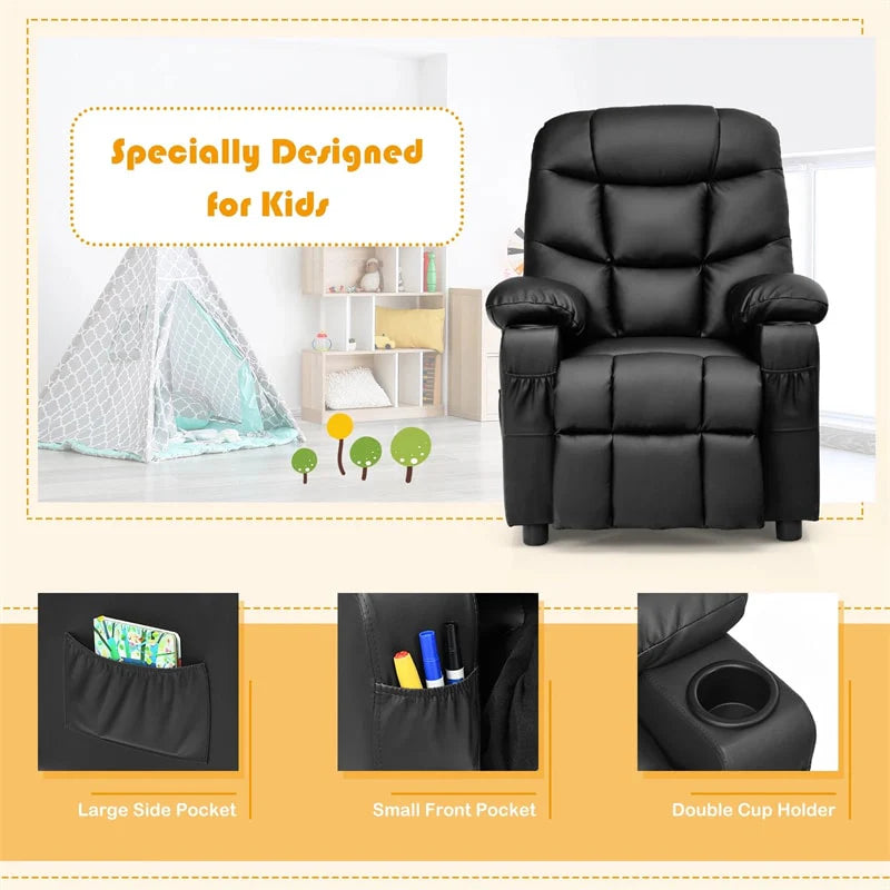 Kids Recliner Chair PU Leather Adjustable Lounge Sofa with Cup Holder, 3 Pockets & Retractable Footrest, Ergonomic Toddler Furniture Sofa