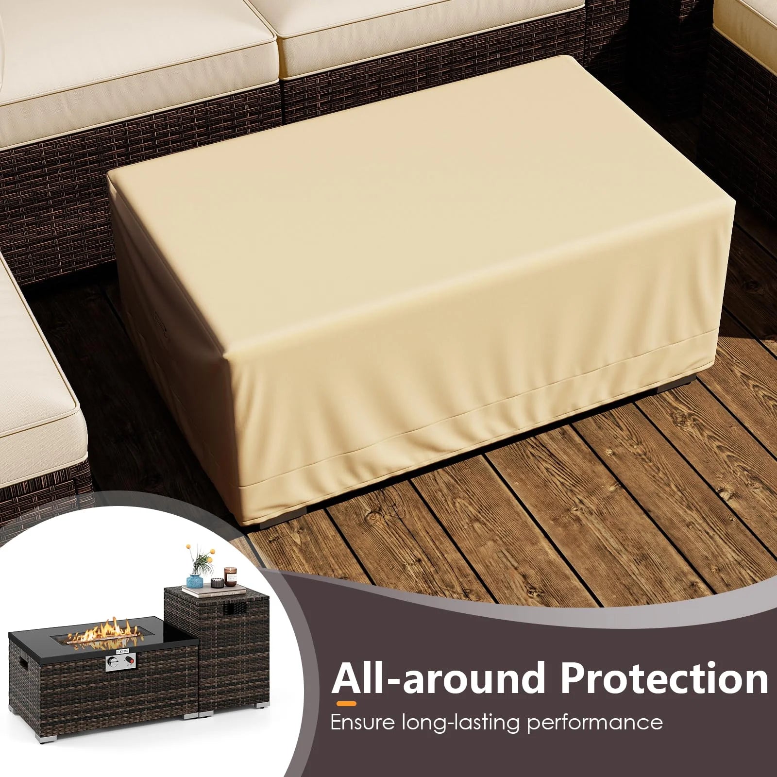 Tangkula 7 Pieces Wicker Patio Furniture Set with 40,000 BTU Gas Fire Pit Table & Propane Tank Cover Table & Glass Top Coffee Table
