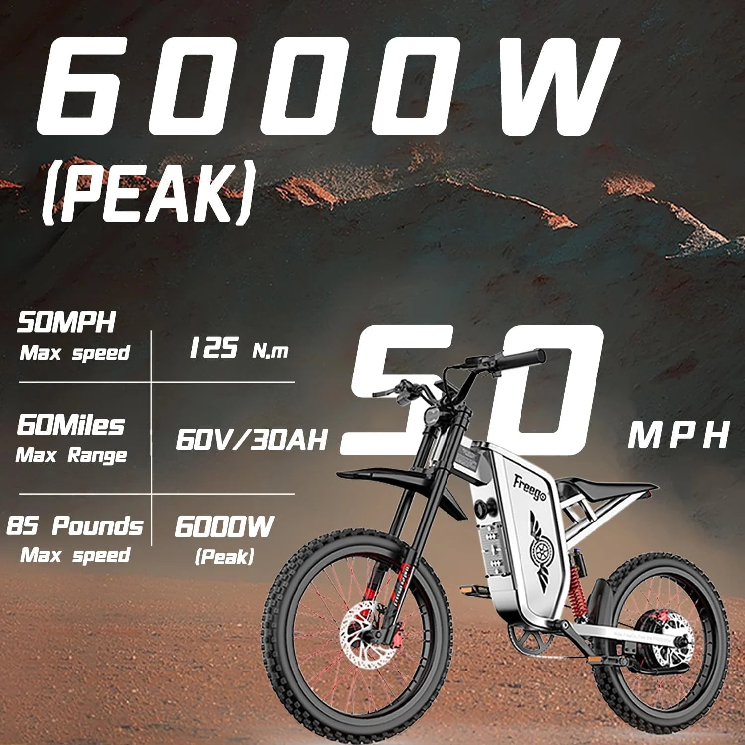Freego X2 Pro 6000W(Peak) Motor Electric Dirt Bike for Adult, 60V30AH Battery Electric Motorcycle, 50MPH Speed Electric Bicycle, 19x2'' Full Suspension/Hydraulic Brake