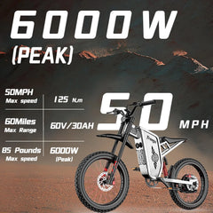 Freego X2 Pro 6000W(Peak) Motor Electric Dirt Bike for Adult, 60V30AH Battery Electric Motorcycle, 50MPH Speed Electric Bicycle, 19x2'' Full Suspension/Hydraulic Brake