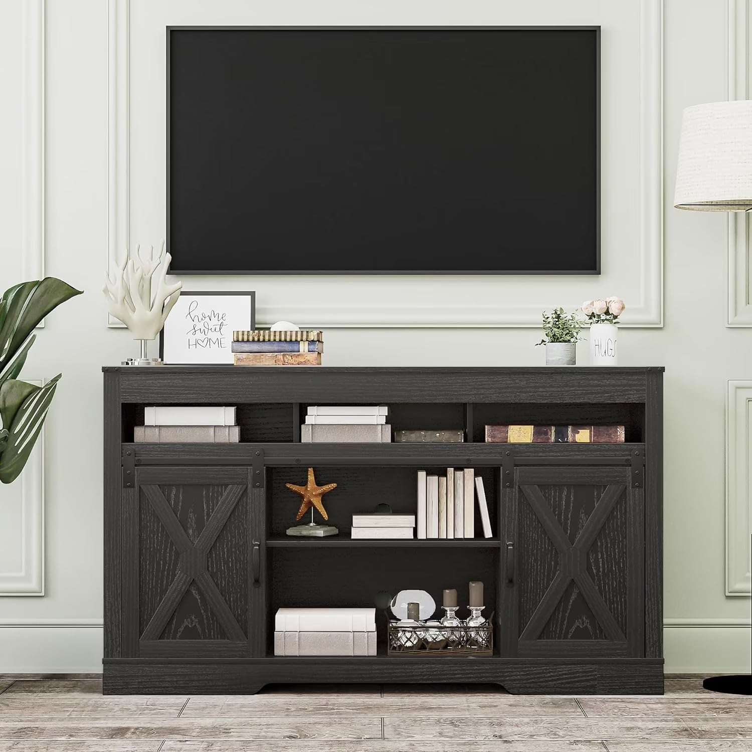 Mayincolor Farmhouse TV Stand for 65+ Inch TV, 34'' Tall Entertainment Center with Sliding Barn Doors, Rustic Wood Media Console Storage Cabinet Television Stand for Living Room, Light Grey
