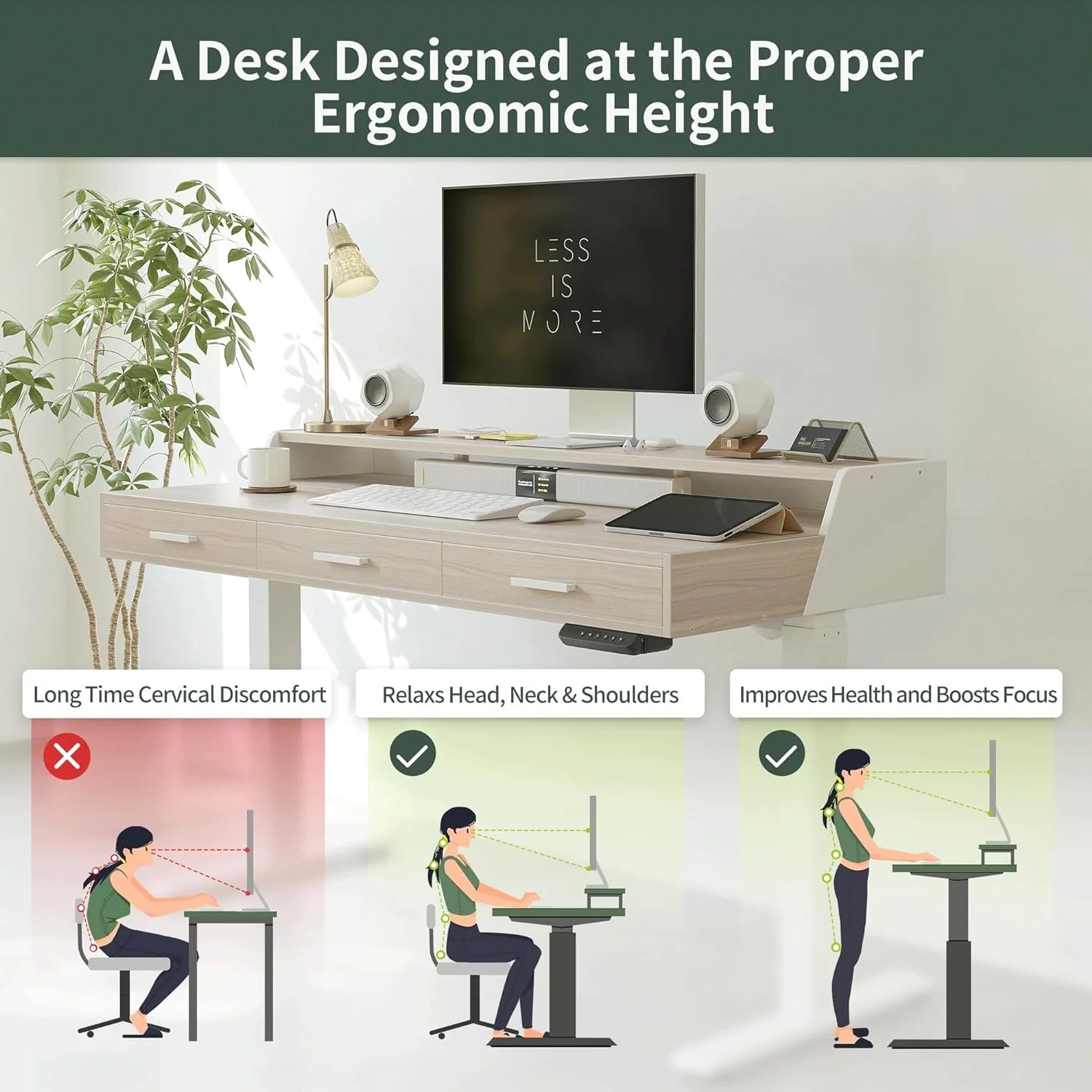 FEZIBO Electric Standing Desk with 3 Drawers & Monitor Shelves, 48 x 26 in Sit Stand Home Office Desk, Rustic Brown