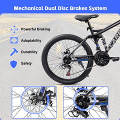 Ecarpat 26 in Mountain Bike, 21 - Speed Bike with Dual Suspension, High - Carbon Steel Frame and Disc Brakes, MTB Commuter Bicycles for Men Women, Black - Blue