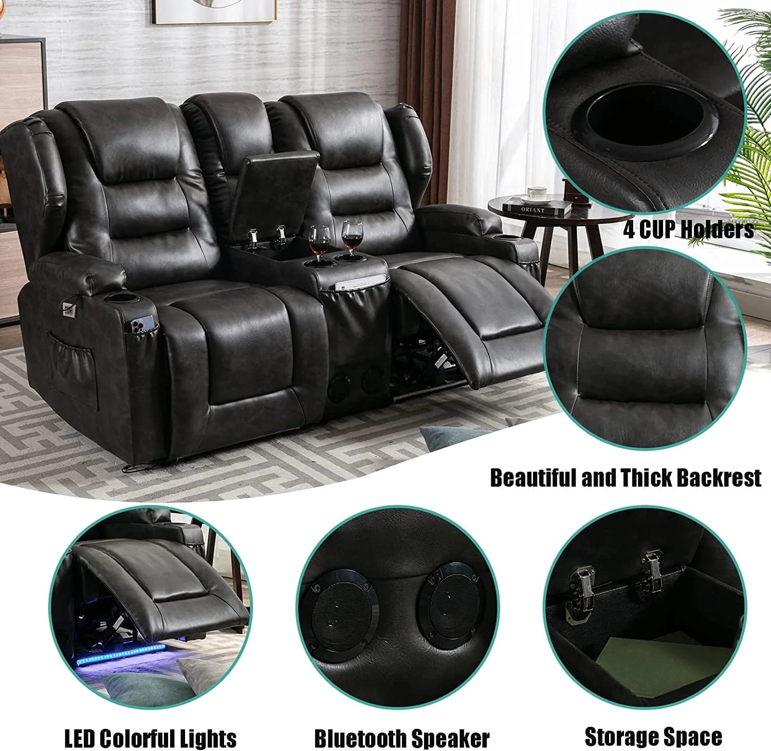 IPKIG Electric Home Theater Seating - Power Recline Chair Loveseat RV Sofa with Console, 67" Double Recliner 2 - Seater RV Couch with Storage/USB Charging/Lighting/Cup Holders for Living Room