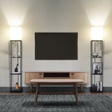 Modern Iron Shelf Floor Lamp with 3 - Way Dimmable LED Bulb, Shelves and White Shade for Living Room and Bedroom(Black)