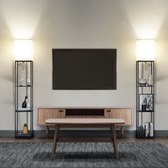 Modern Iron Shelf Floor Lamp with 3 - Way Dimmable LED Bulb, Shelves and White Shade for Living Room and Bedroom(Black)