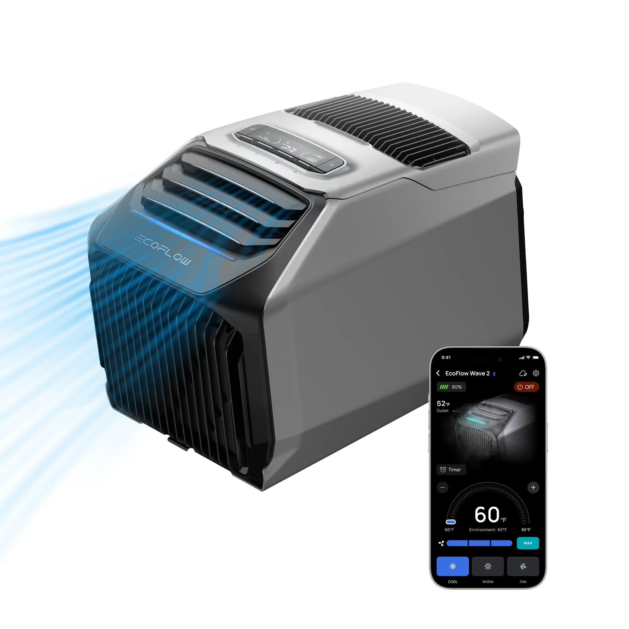 EF Ecoflow WAVE 3 Portable Air Conditioner with Add - on Battery, 1800W/6100 BTU Cooling and 2000W/6800 BTU Heating, 1000W Fast Charging in 75 Mins, 8H Wireless Running, APP Control, for Camping, Rvs