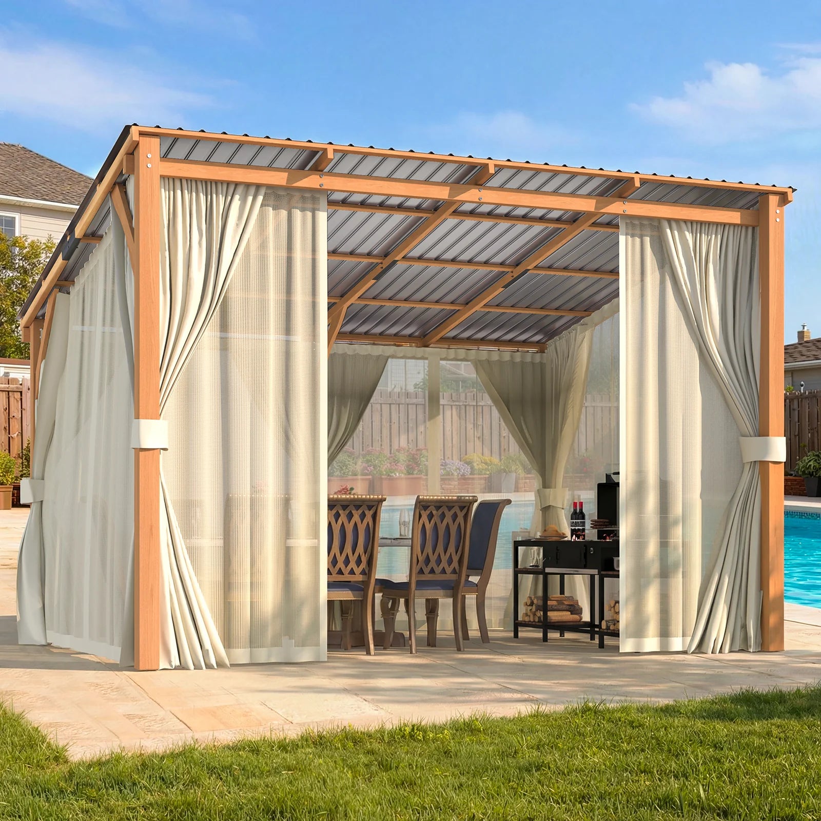 AECOJOY 12x10 Outdoor Wooden Pergola Gazebo with Curtains and Netting for Patio