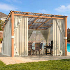 AECOJOY 12x10 Outdoor Wooden Pergola Gazebo with Curtains and Netting for Patio