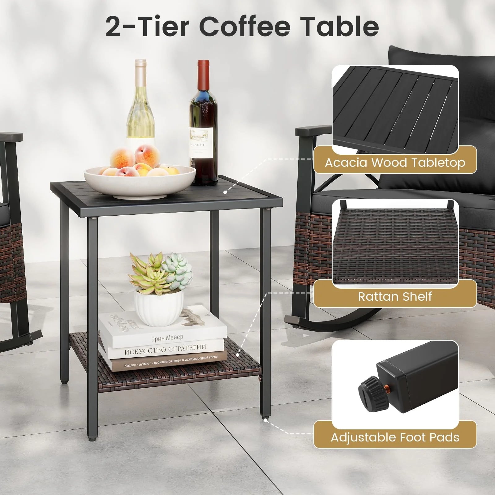 Tangkula 3 Piece Rocking Bistro Set PE Rattan Rocker Chairs with Acacia Wood Top Table