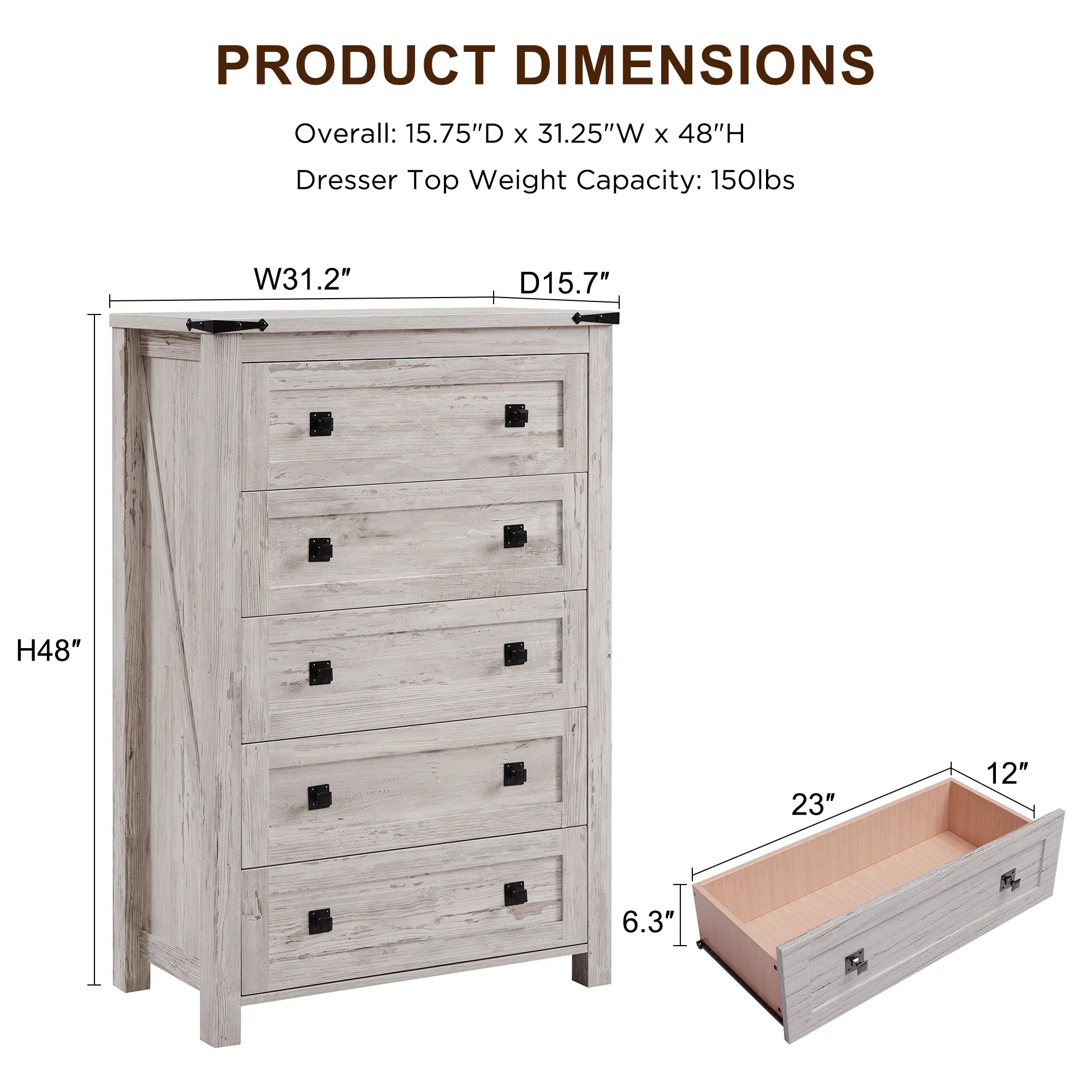 Keywhat Farmhouse 5 Drawer Dresser for Bedroom, Chest of Drawers Wood Organizer for Living Room, Antique White