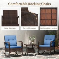 3-Piece Outdoor Wicker Rocking Chair Set, Rattan Bistro Rocker Furniture with Cushions & Pillows, Tempered Glass Coffee Table for Porch Balcony