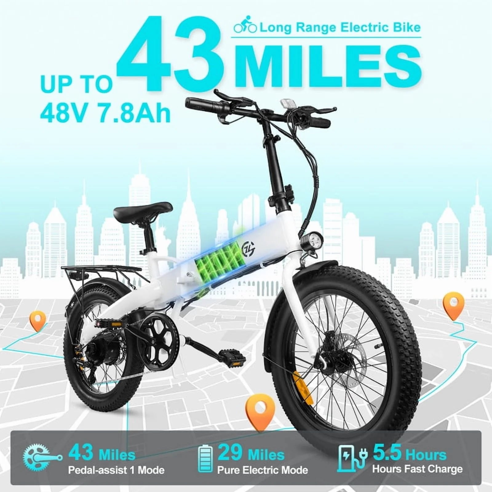 750W Peak Electric Bike for Adults, 500W Motor, 20"x2.5" Fat Tire Folding Ebike, 48V 7.8ah Battery 43miles Long Ranges, up to 24MPH Max Speed