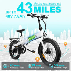 750W Peak Electric Bike for Adults, 500W Motor, 20"x2.5" Fat Tire Folding Ebike, 48V 7.8ah Battery 43miles Long Ranges, up to 24MPH Max Speed