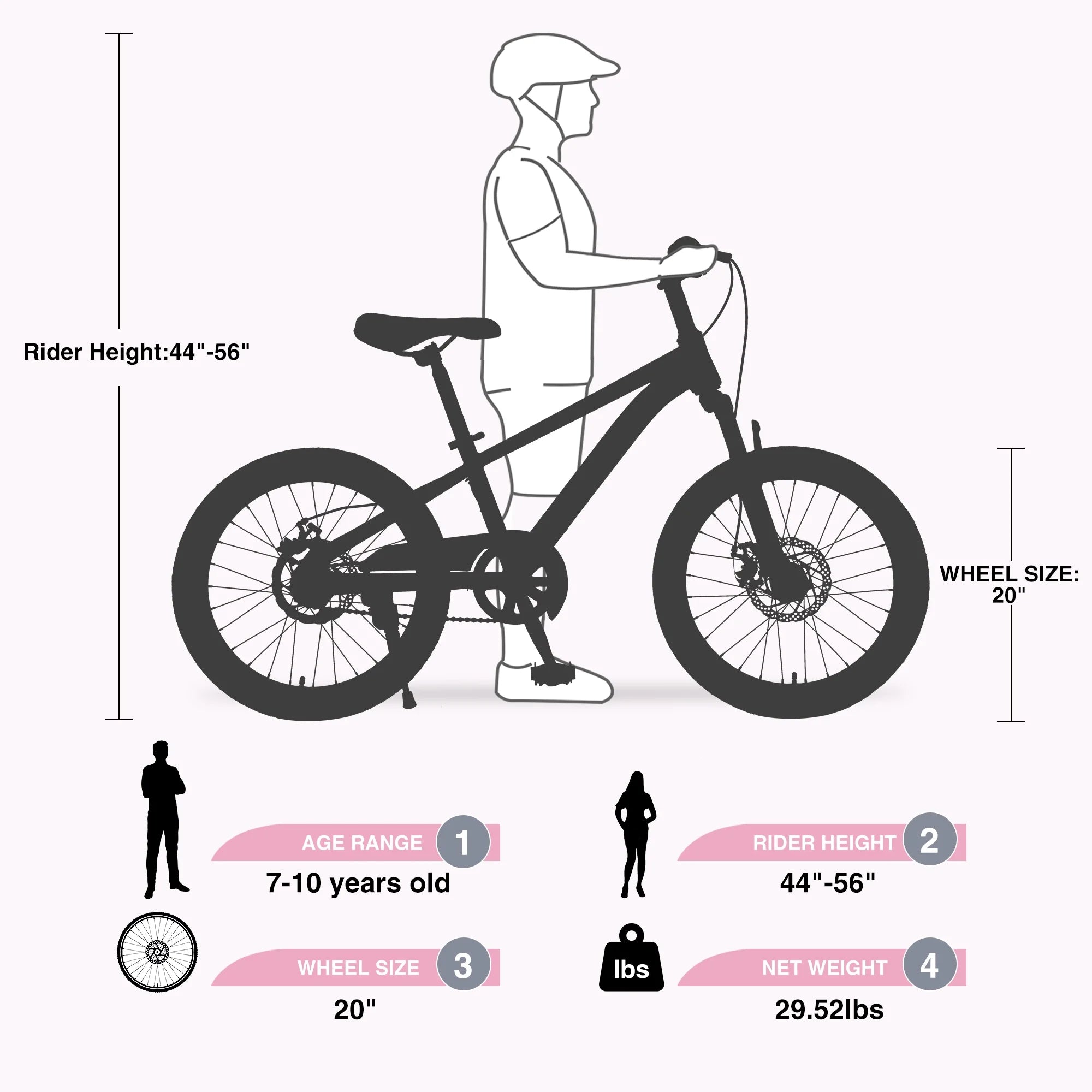 Zukka 20 in Kids Mountain Bike Steel Frame Hardtail Bicycle for Child Aged 7 - 10 Years Pink