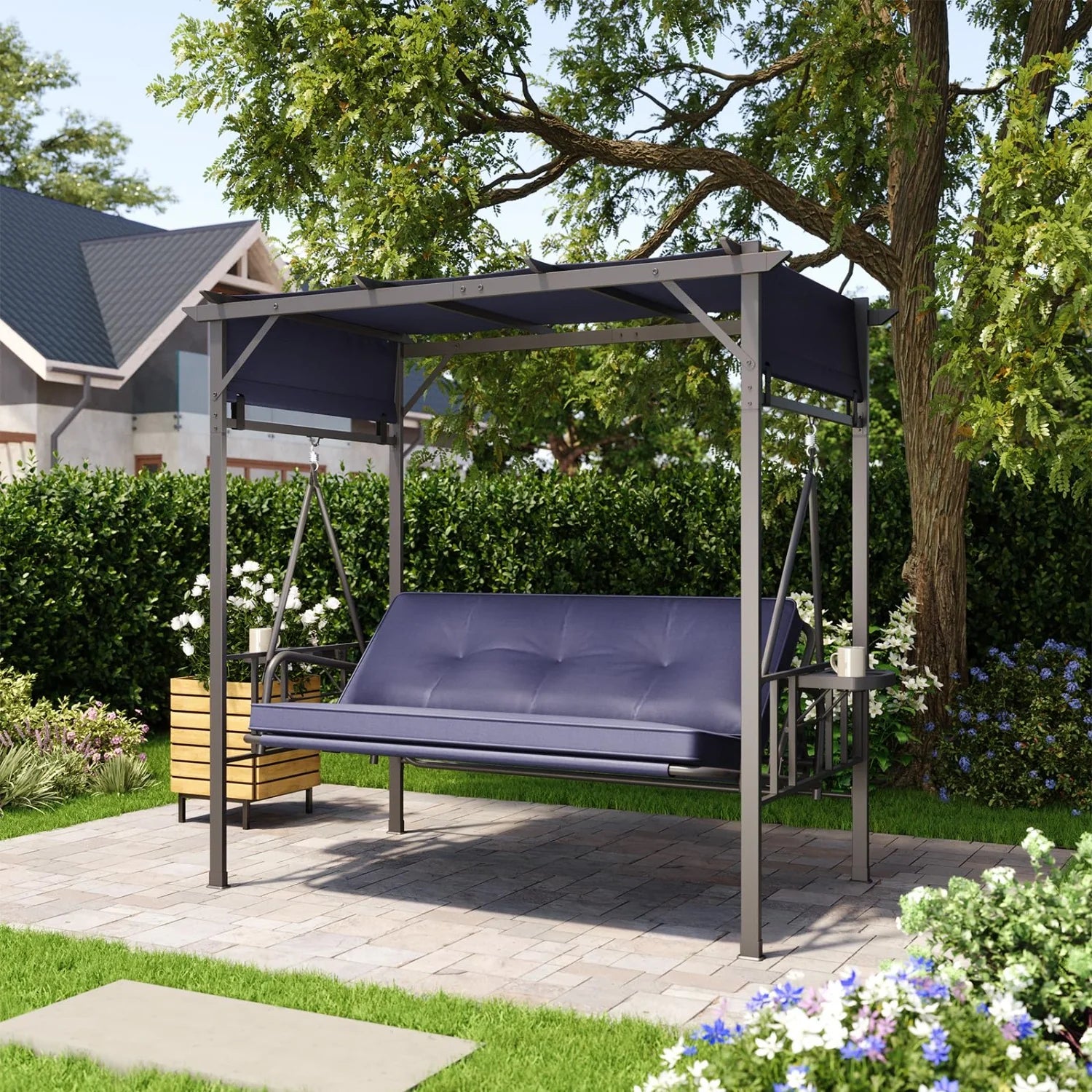 AECOJOY 2-in-1 Convertible Porch Swing Bed 3 Seat, Outdoor Patio Metal Pergola Swing