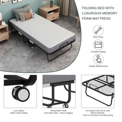 Folding Bed with Mattress 75" x 31" Cot Size Folded Bed, Rollaway Guest Bed Portable Foldable Extra Bed for Adults Daybed with 5" Memory Foam Mattress Space - Saving Sturdy Metal Grid Frame