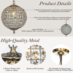 1 - Light 12" Retro Antique Gold Crystal Globe Chandelier Small Sphere Pendant Light