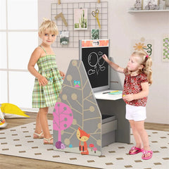 3-in-1 Kids Art Easel with Chair, Wooden Toddler Easel Table & Chair Set w/ Double-Sided Magnetic Whiteboard & Chalkboard, Bookshelf, Storage