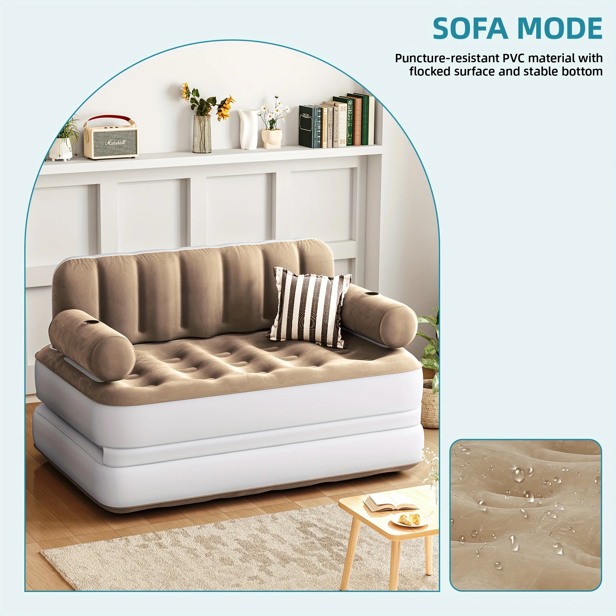 Inflatable Air Sofa Bed 2 - in - 1 Backrest Couch Airbed with Headboard and Pump Convertible Blow up Bed Mattress for Home, Camping, and Guests, Living Room Furniture, Queen Size