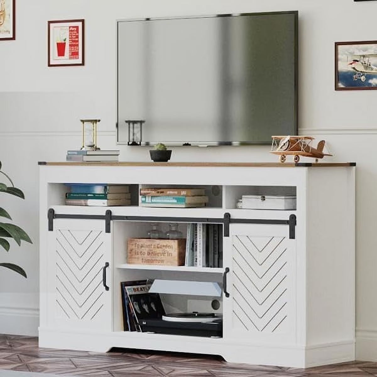 Mayincolor Farmhouse TV Stand for 65+ Inch TV, 34'' Tall Entertainment Center with Sliding Barn Doors, Rustic Wood Media Console Storage Cabinet Television Stand for Living Room, Light Grey