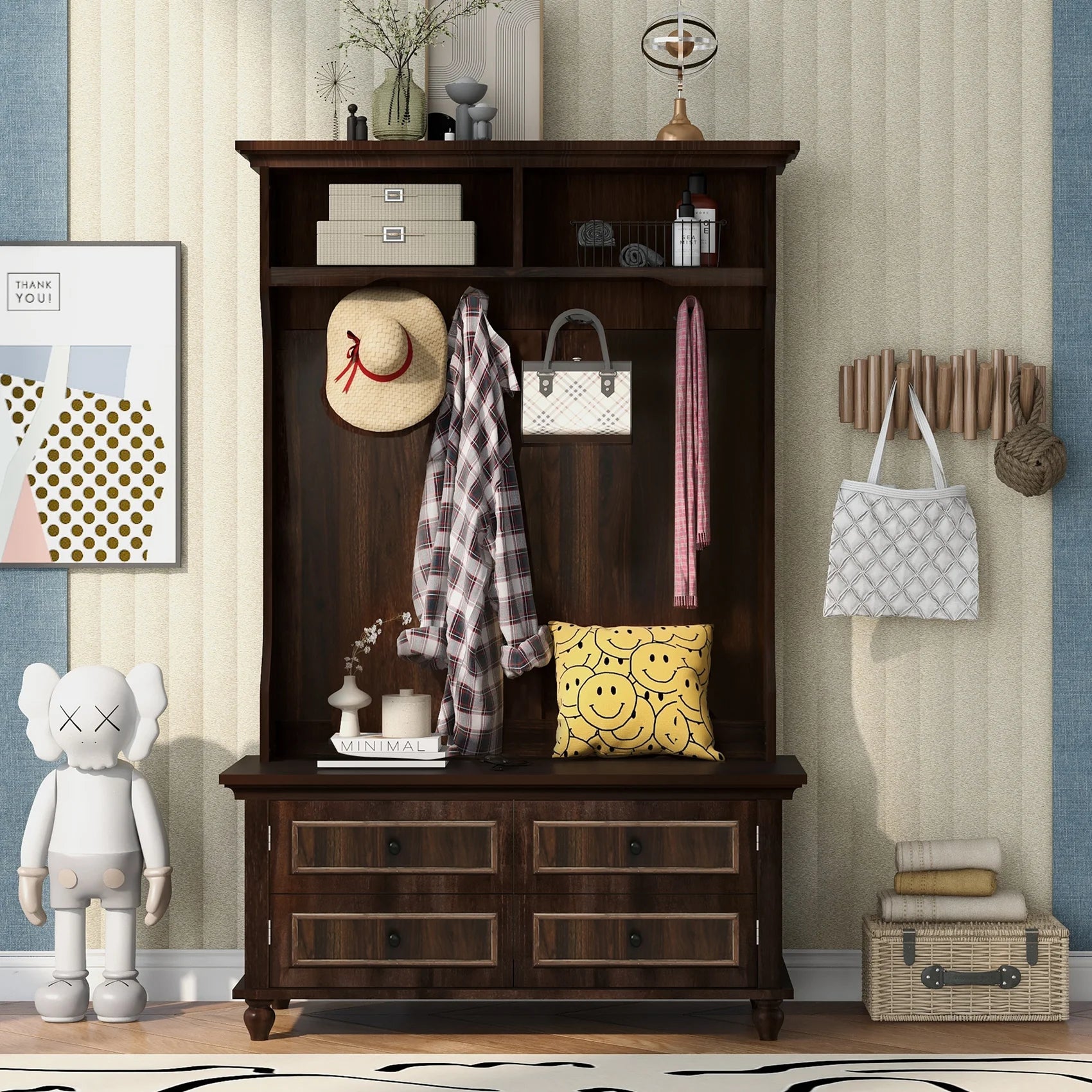 Hall Tree with Upholstered Bench and Coat Rack, Entryway Bench with 3 Hooks, 3 Open Shelves, 2 Drawers & Storage Cabinets, Mudroom Bench with Storage and Hooks for Foyer, Entry Way, Hallway (Beige)
