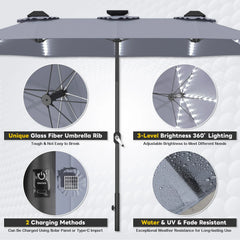 AECOJOY 15ft Patio Double-Sided Umbrella, 156 PCS Solar LED Light Outdoor Large Umbrella, Grey