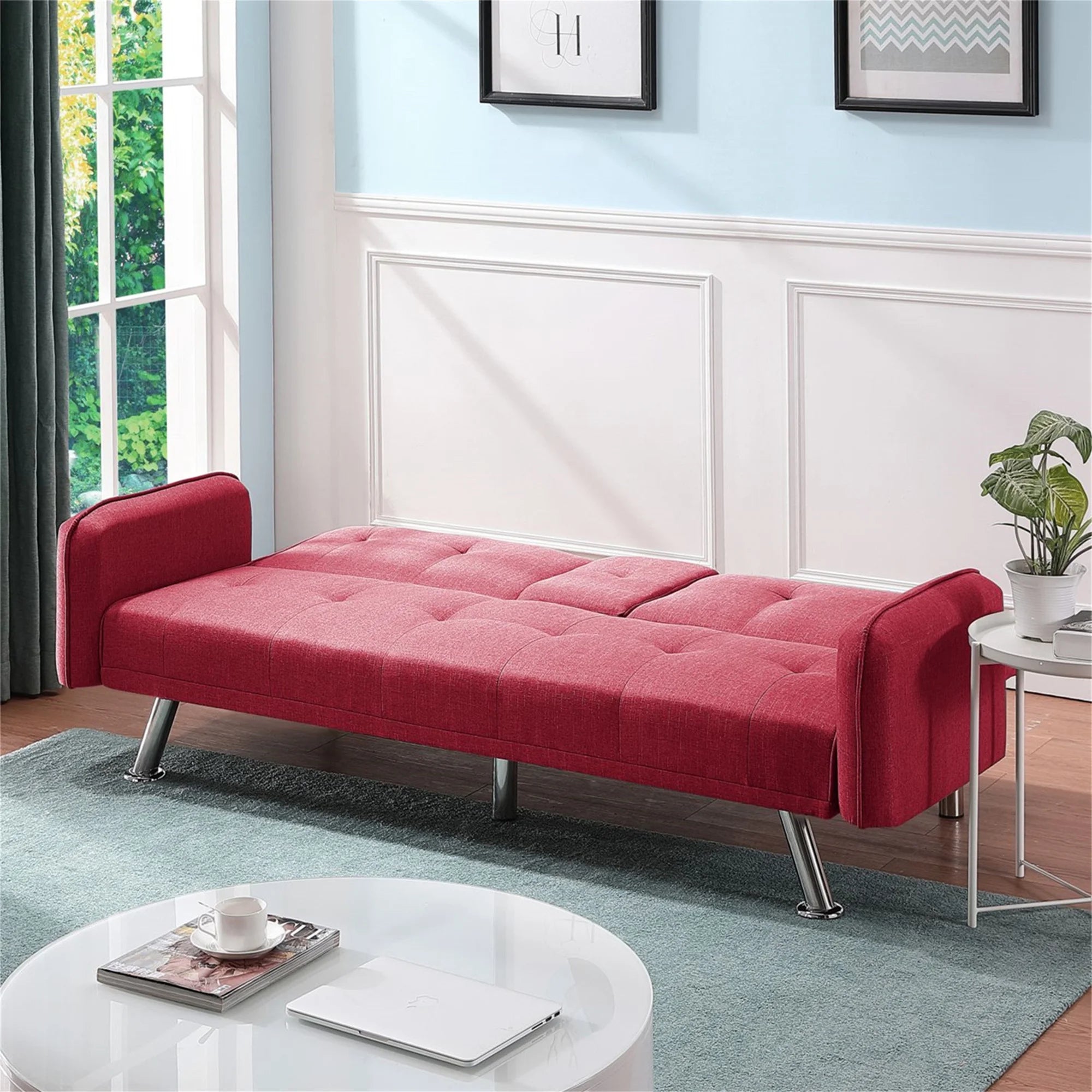 Aukfa 75" Square Arm Futon Convertible Sofa Bed for Home Office, 2 Cup Holders, Linen, Dark Gray