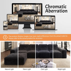 144" Oversized Modular Sectional Sofa, Deep Seat Chenille Cloud Couch with Chaise, L - Shaped Sparkling 5 Seat Sofa Couch for Living Room, Black