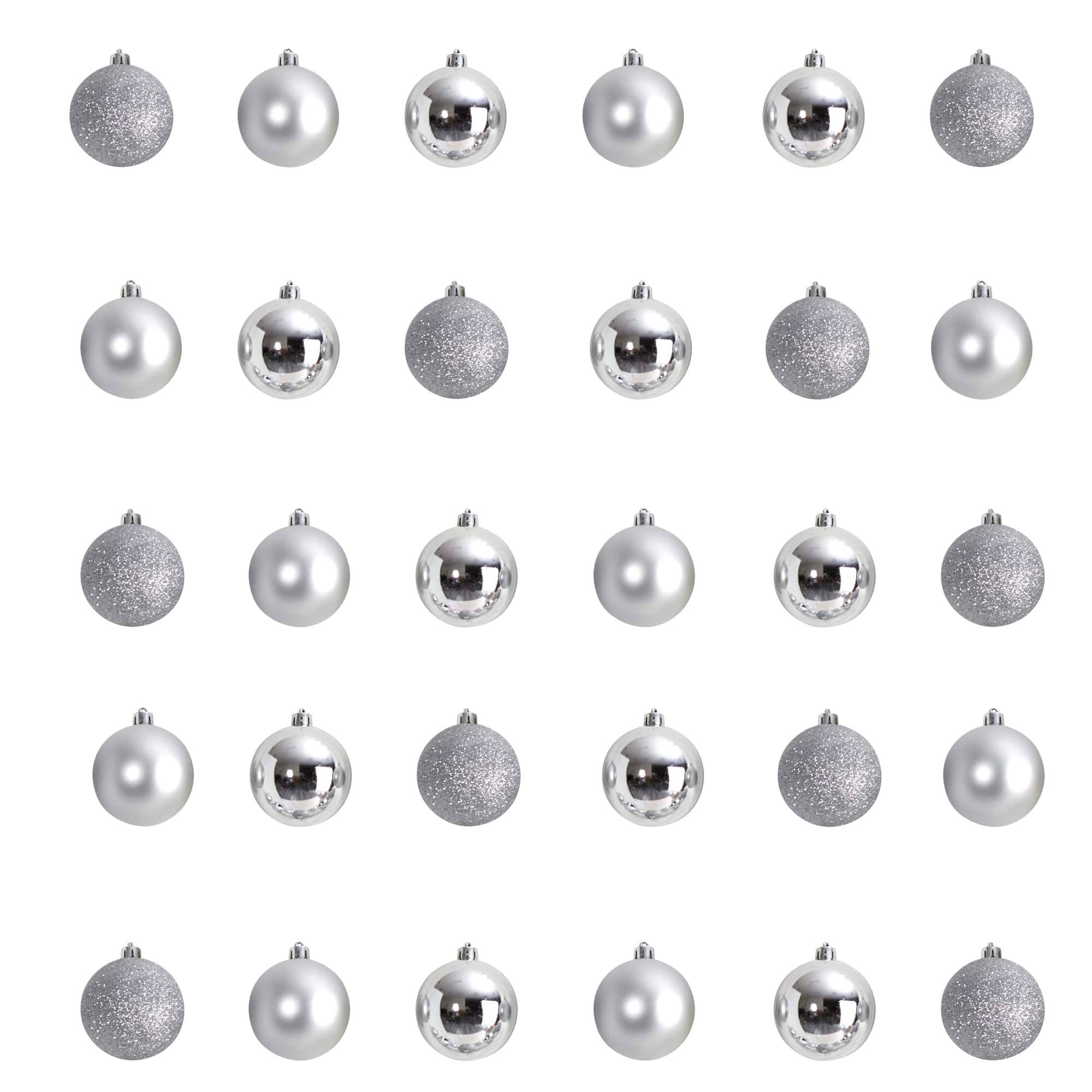 Nearly Natural Holiday Christmas 30 Count 2.5in. Shatterproof Ornament Set with Re-Useable Storage Container, Silver