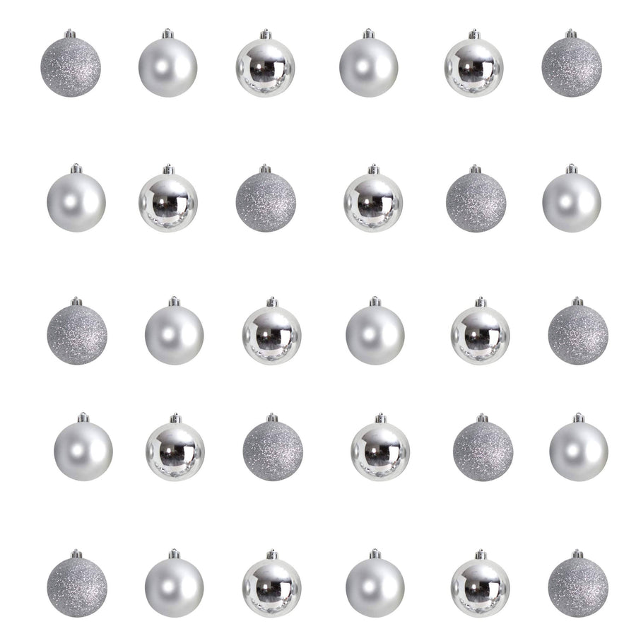 Nearly Natural Holiday Christmas 30 Count 2.5in. Shatterproof Ornament Set with Re-Useable Storage Container, Silver