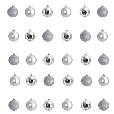 Nearly Natural Holiday Christmas 30 Count 2.5in. Shatterproof Ornament Set with Re-Useable Storage Container, Silver
