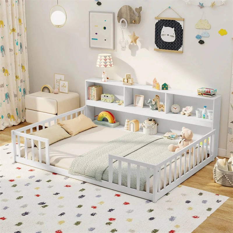 Full Size Montessori Floor Bed with Bookcase, Storage Shelves & Safety Fence Rails, Solid Wood Bed Frame for Kids, No Box Spring Needed
