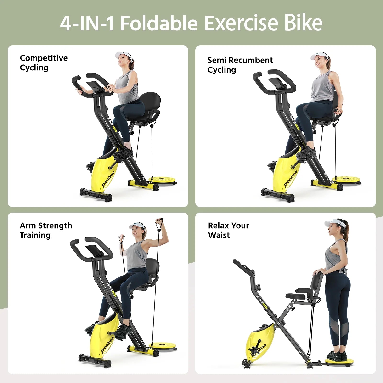 Pooboo 4in1 Folding Exercise Bike Indoor Cycling Bike Stationary Magnetic X Bike Gym Workout 300 lb Easy to Get on/Off