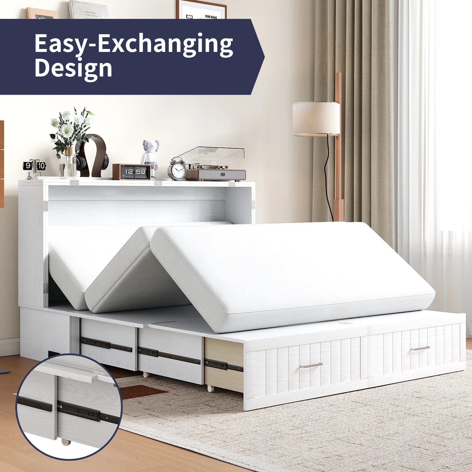 ZAFLY Murphy Bed with Trifold Foam Mattress, Cabinet Bed Has USB Charging Station, Convertible Bed with Storage Platform, Cabinet Chest Bed with Large Drawers for Living Room/Bedroom (Grey)