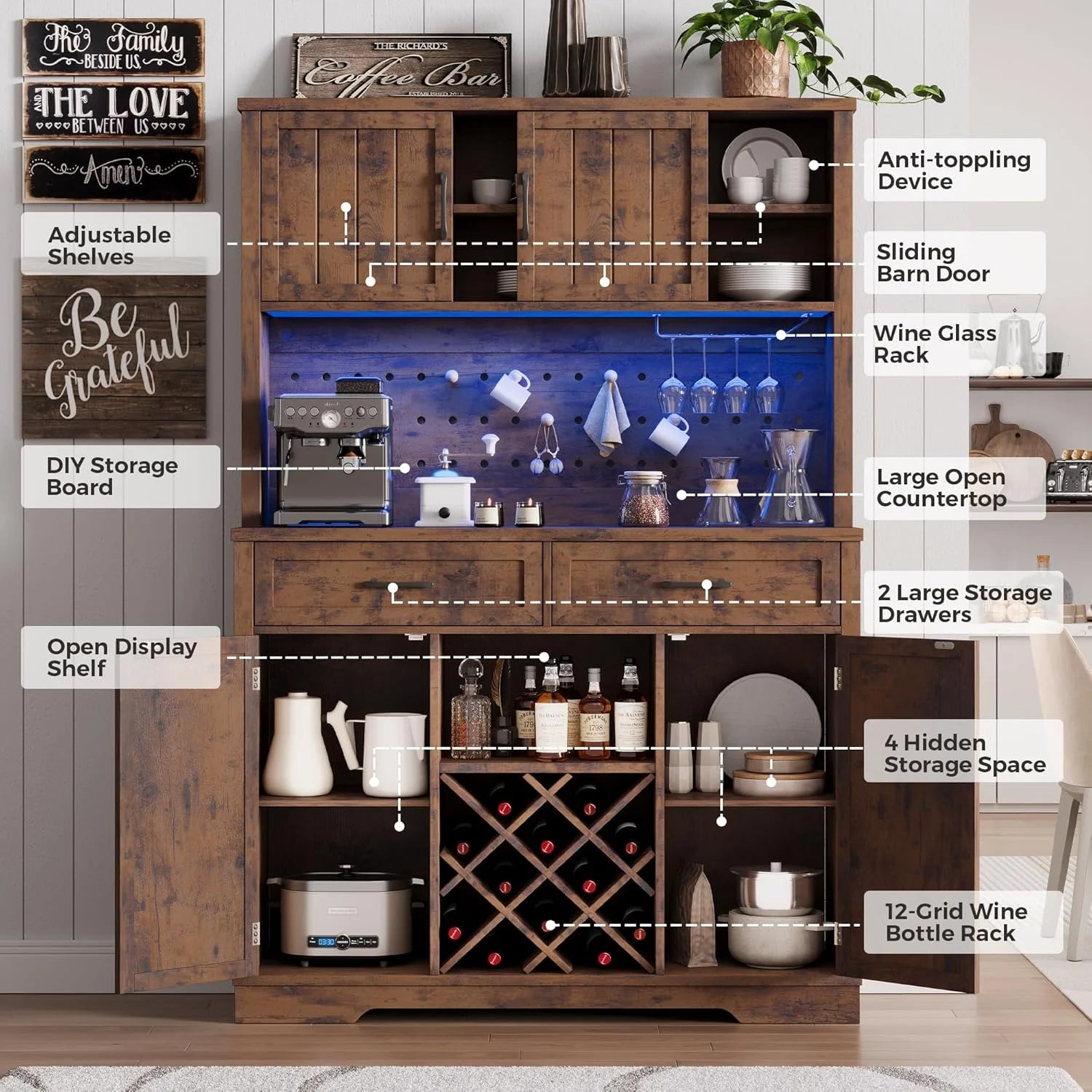 LAFGUR 72" Kitchen Storage Cabinet with Power Outlet & LED Light, Coffee Bar Cabinet with Drawers & Wine Glass Rack, Sideboard for Home, White