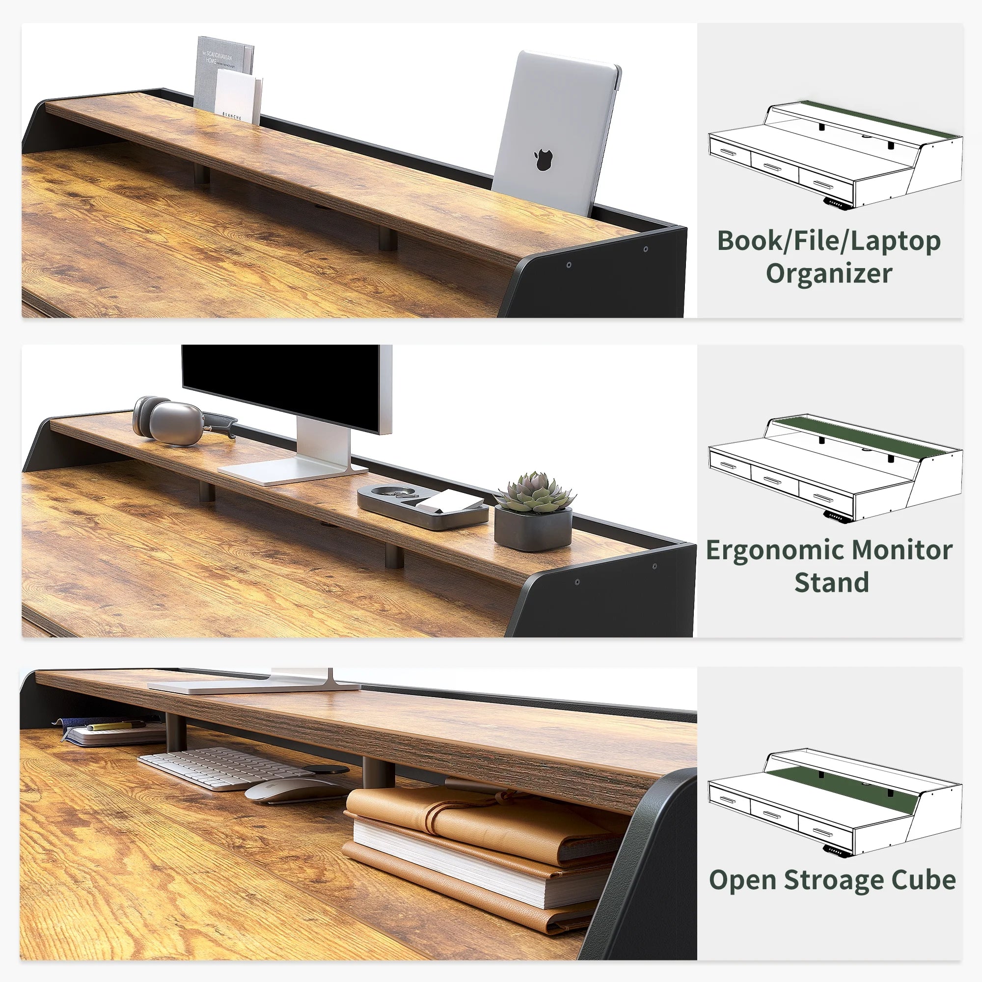 FEZIBO Electric Standing Desk with 3 Drawers & Monitor Shelves, 48 x 26 in Sit Stand Home Office Desk, Rustic Brown