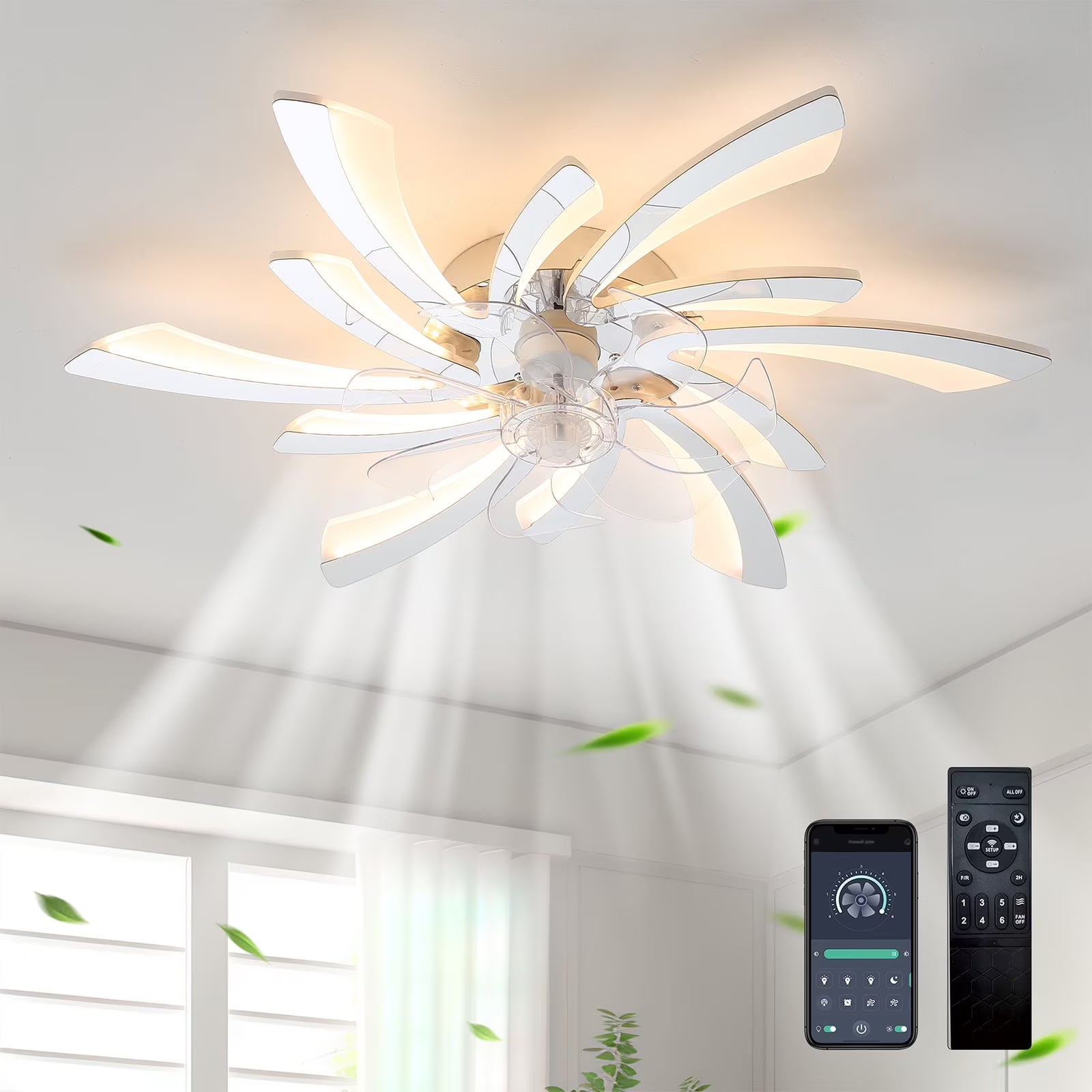 Garwarm Dimmable Ceiling Fan with Light and Remote Control, 27" Small Flush Mounted Ceiling Fan with LED Lights, APP and Remote Controlled, Modern, White