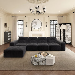 144" Oversized Modular Sectional Sofa, Deep Seat Chenille Cloud Couch with Chaise, L - Shaped Sparkling 5 Seat Sofa Couch for Living Room, Black