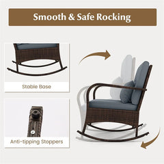 3-Piece Outdoor Wicker Rocking Chair Set, Rattan Bistro Rocker Furniture with Cushions & Pillows, Tempered Glass Coffee Table for Porch Balcony